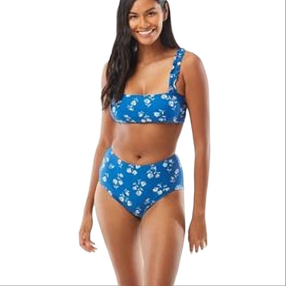 KATE SPADE Blue & White Floral Print Two-Piece Bikini Ruffle Strap Swimsuit - Picture 1 of 8